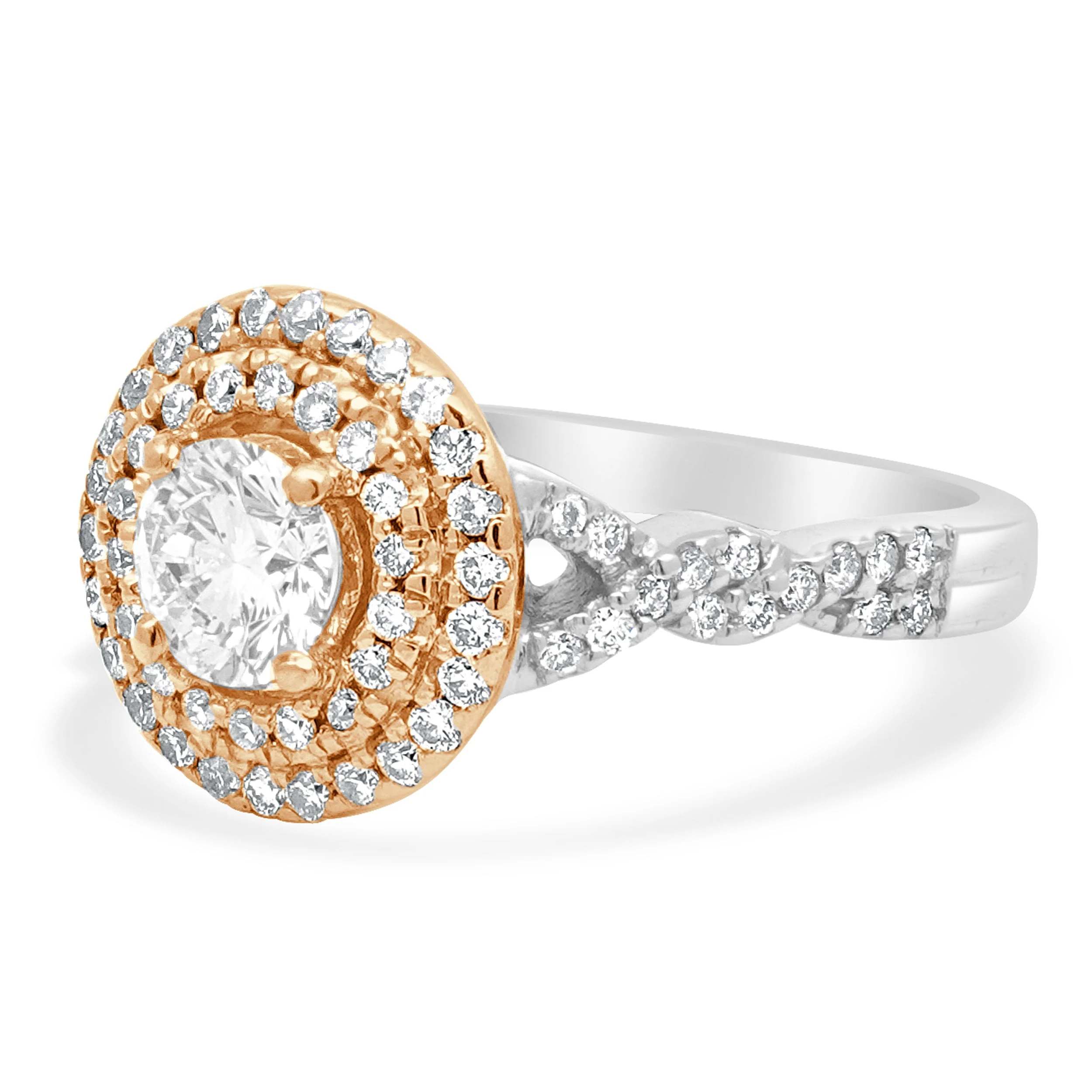 14K Two-Tone White and Rose Gold GSI Certified Round Brilliant Cut Diamond Double Halo Crossover Engagement Ring - Image 2