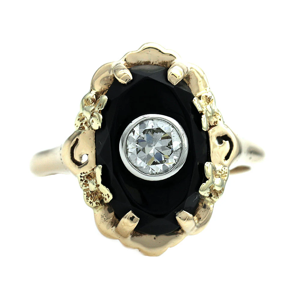 14K Two-Tone Yellow and White Gold Black Onyx Diamond Ring - Image 2