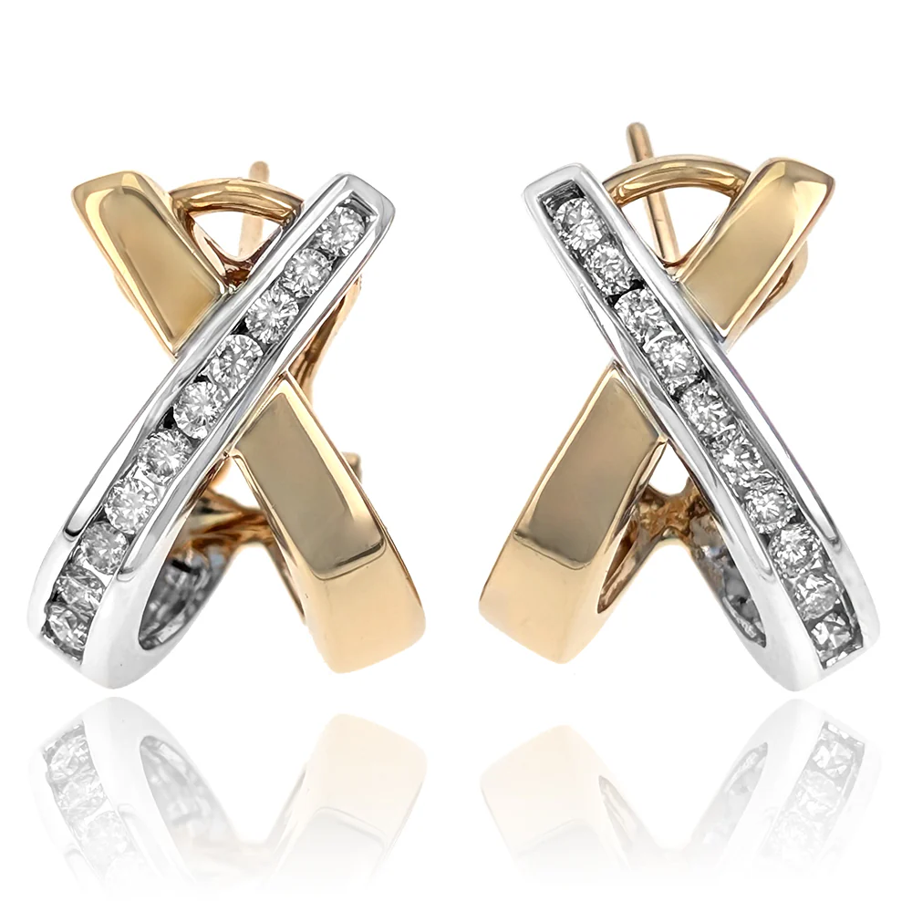 14K Two-Tone Yellow and White Gold Round Diamond X Hoop Earrings