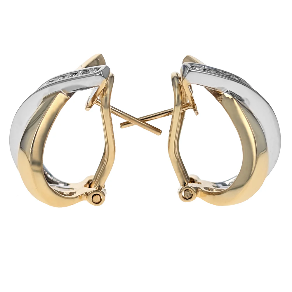 14K Two-Tone Yellow and White Gold Round Diamond X Hoop Earrings - Image 2