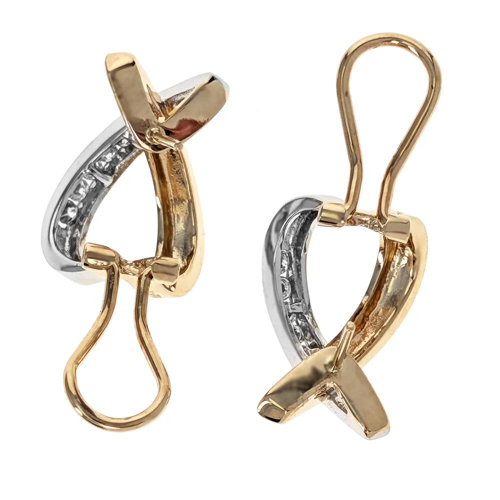 14K Two-Tone Yellow and White Gold Round Diamond X Hoop Earrings - Image 3