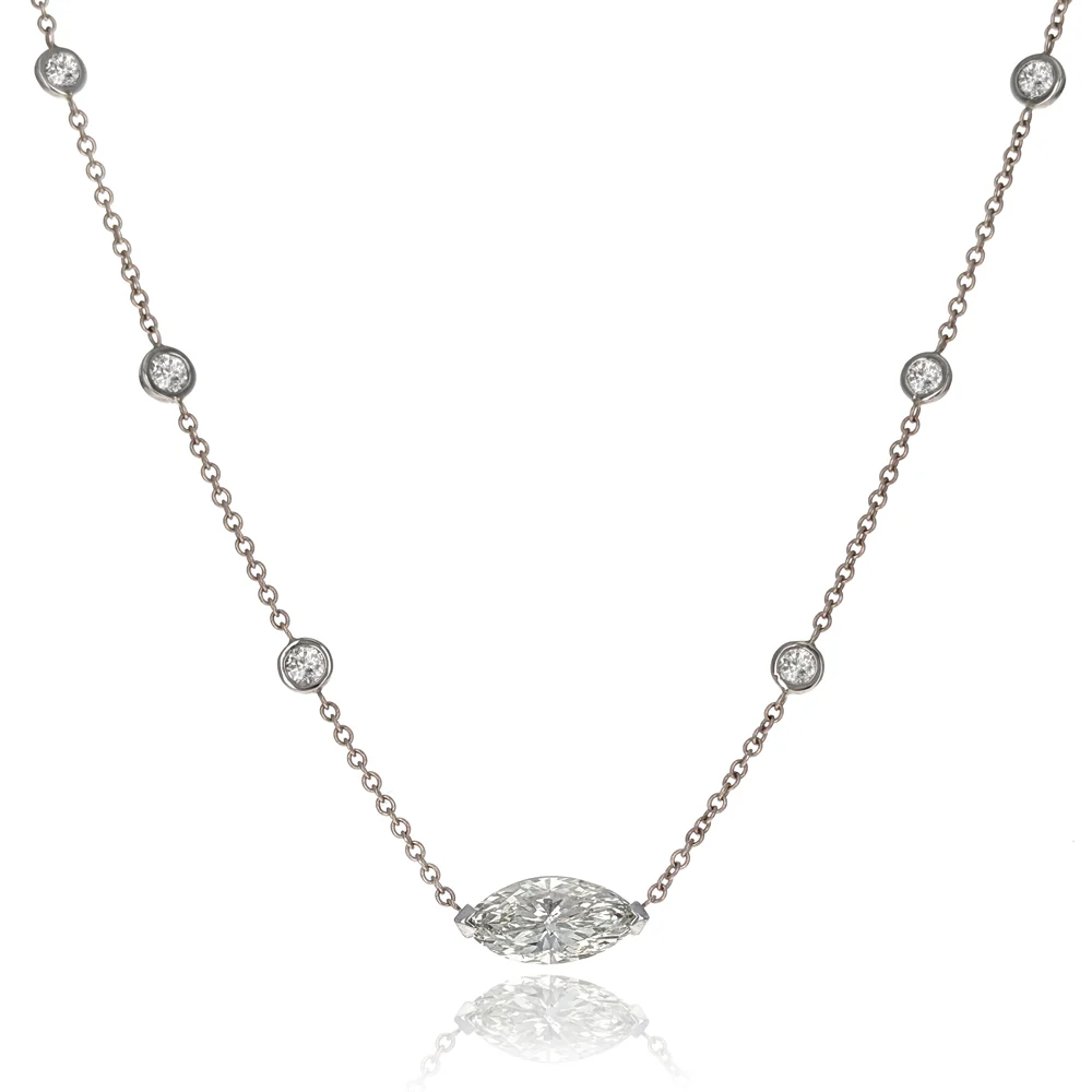 14K White and Yellow Gold Marquise and Round Diamond Station Necklace
