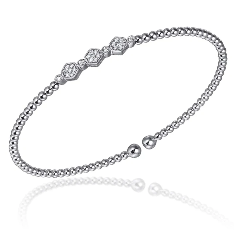 14K White Gold Bujukan Bead and Hexagon Cluster Diamond Bangle Bracelet