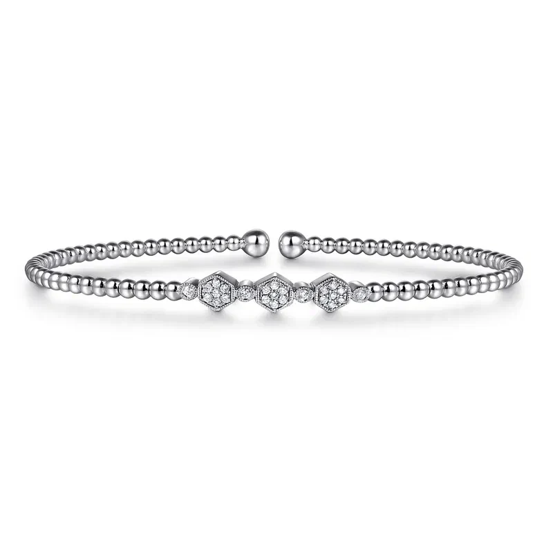 14K White Gold Bujukan Bead and Hexagon Cluster Diamond Bangle Bracelet - Image 2