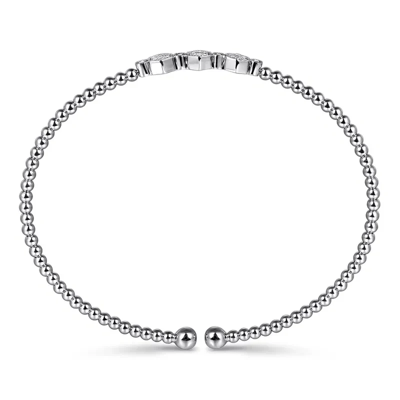 14K White Gold Bujukan Bead and Hexagon Cluster Diamond Bangle Bracelet - Image 3