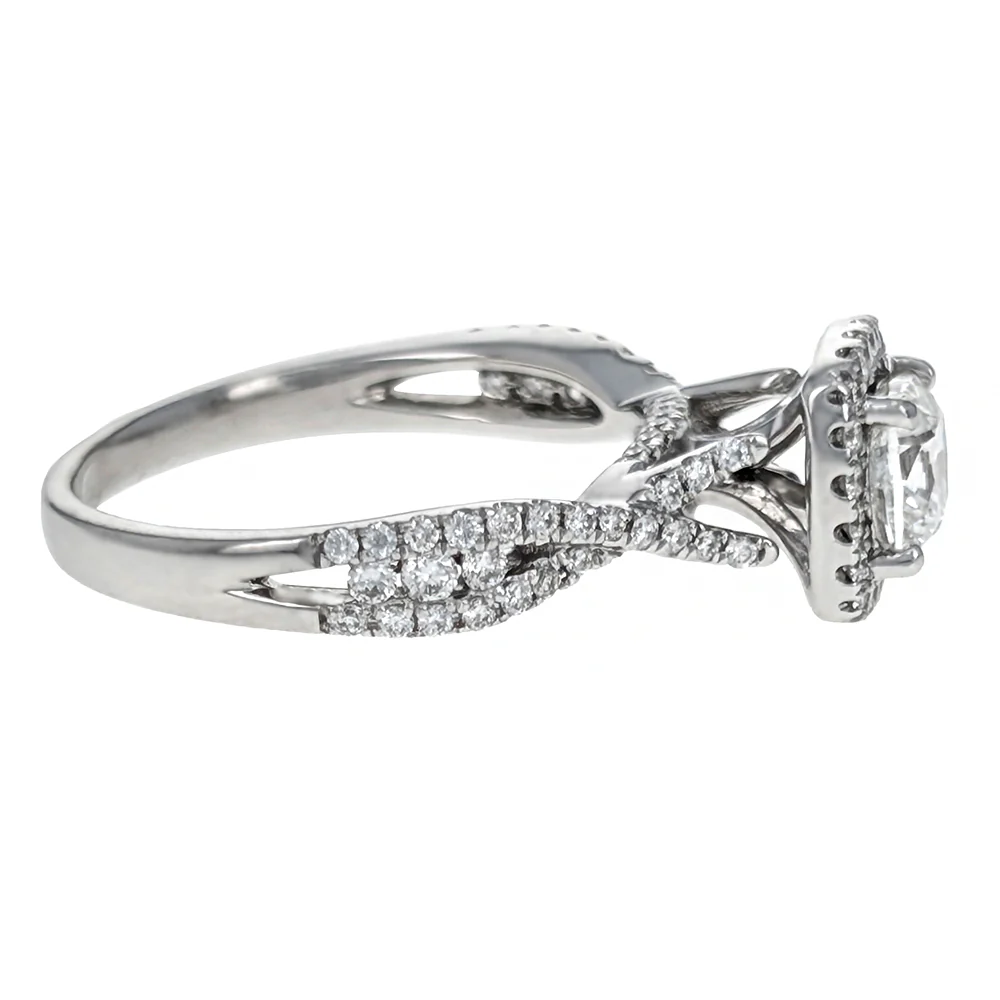 14K White Gold Cushion Cut and Round Diamond Halo Crossover Engagement Ring - Image 3