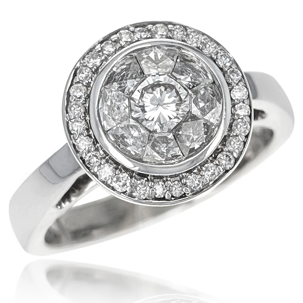 14K White Gold Custom Cut Mosaic Set Diamond Halo Ring