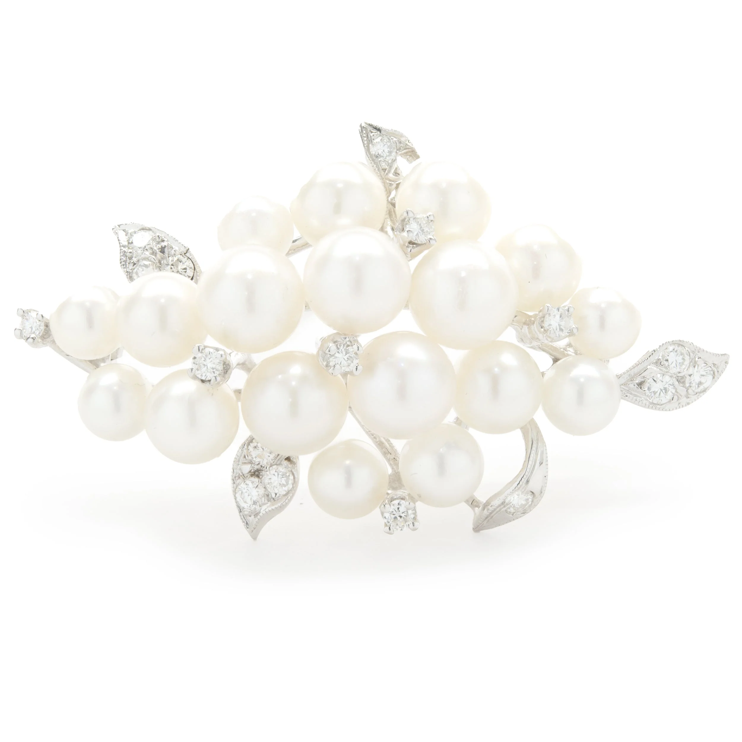 14k White Gold Diamond and Cluster Pearl Brooch
