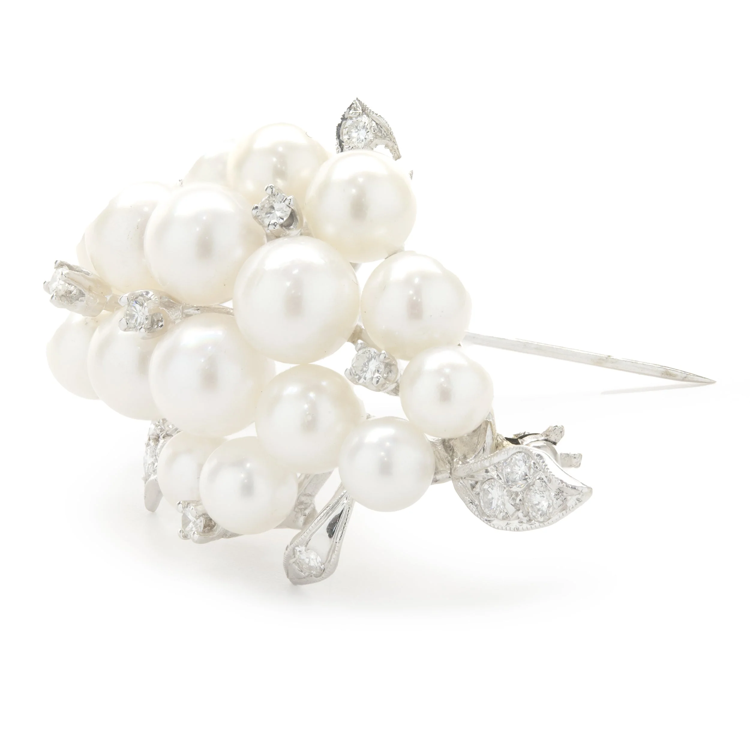 14k White Gold Diamond and Cluster Pearl Brooch - Image 2