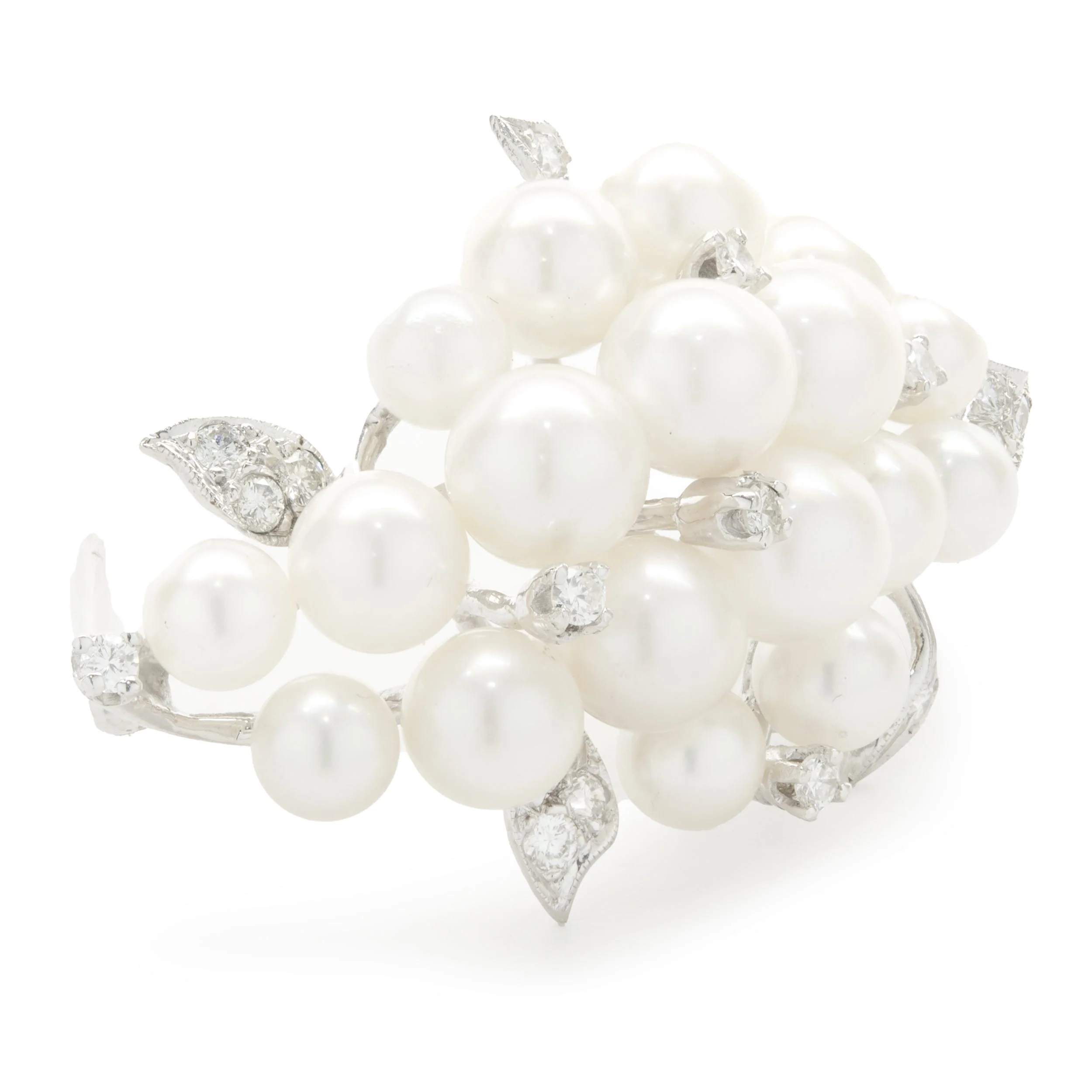 14k White Gold Diamond and Cluster Pearl Brooch - Image 4