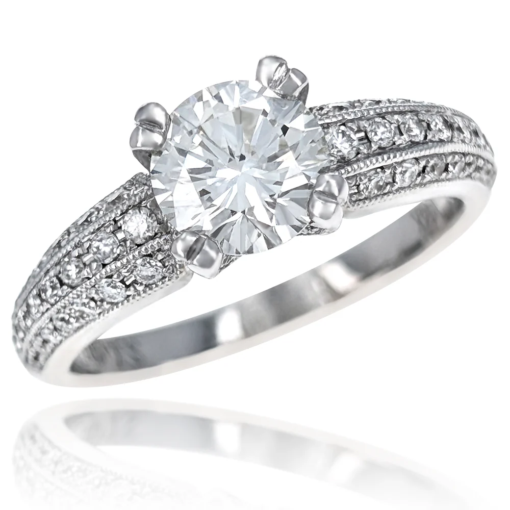 14K White Gold EGL Certified Round Brilliant Cut Diamond Milgrain Edge Engagement Ring