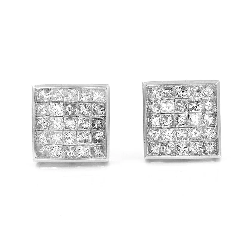 14K White Gold Invisible Set Princess Cut Diamond Square Earrings