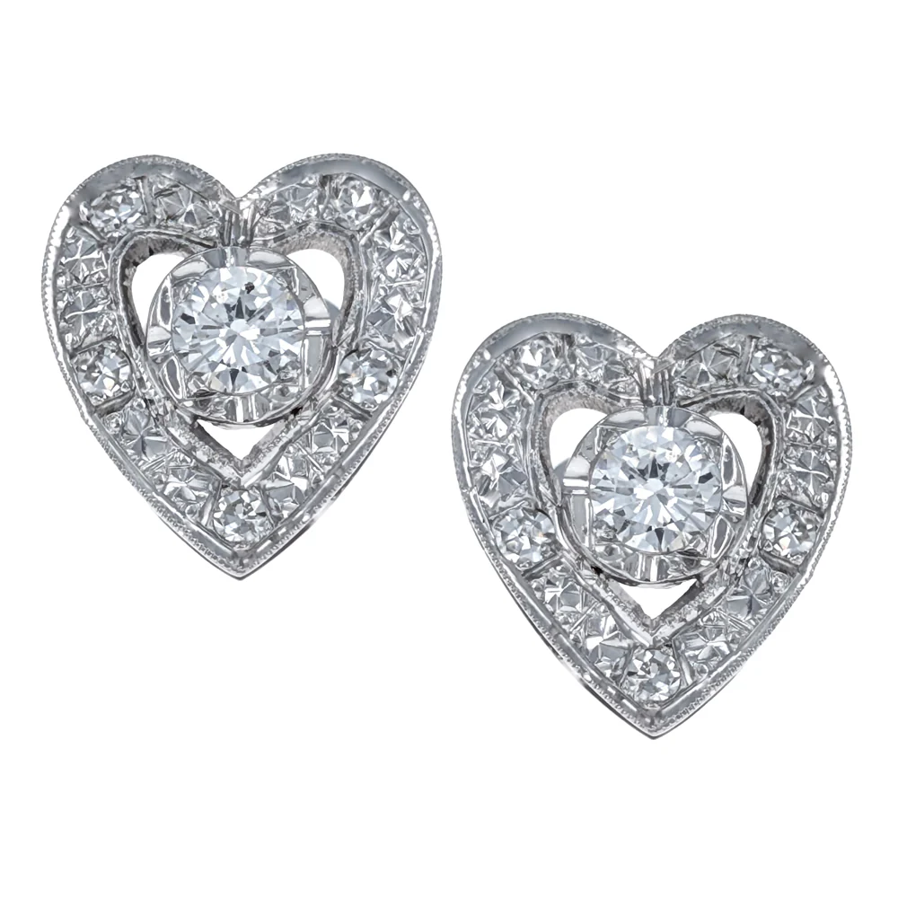 14K White Gold Milgrain Diamond Heart Earrings