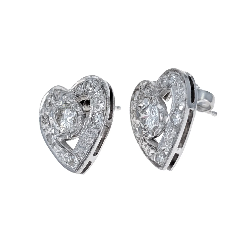 14K White Gold Milgrain Diamond Heart Earrings - Image 2