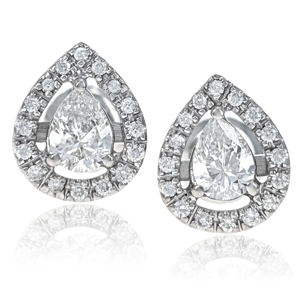 14K White Gold Pear Shape Diamond Halo Stud Earrings