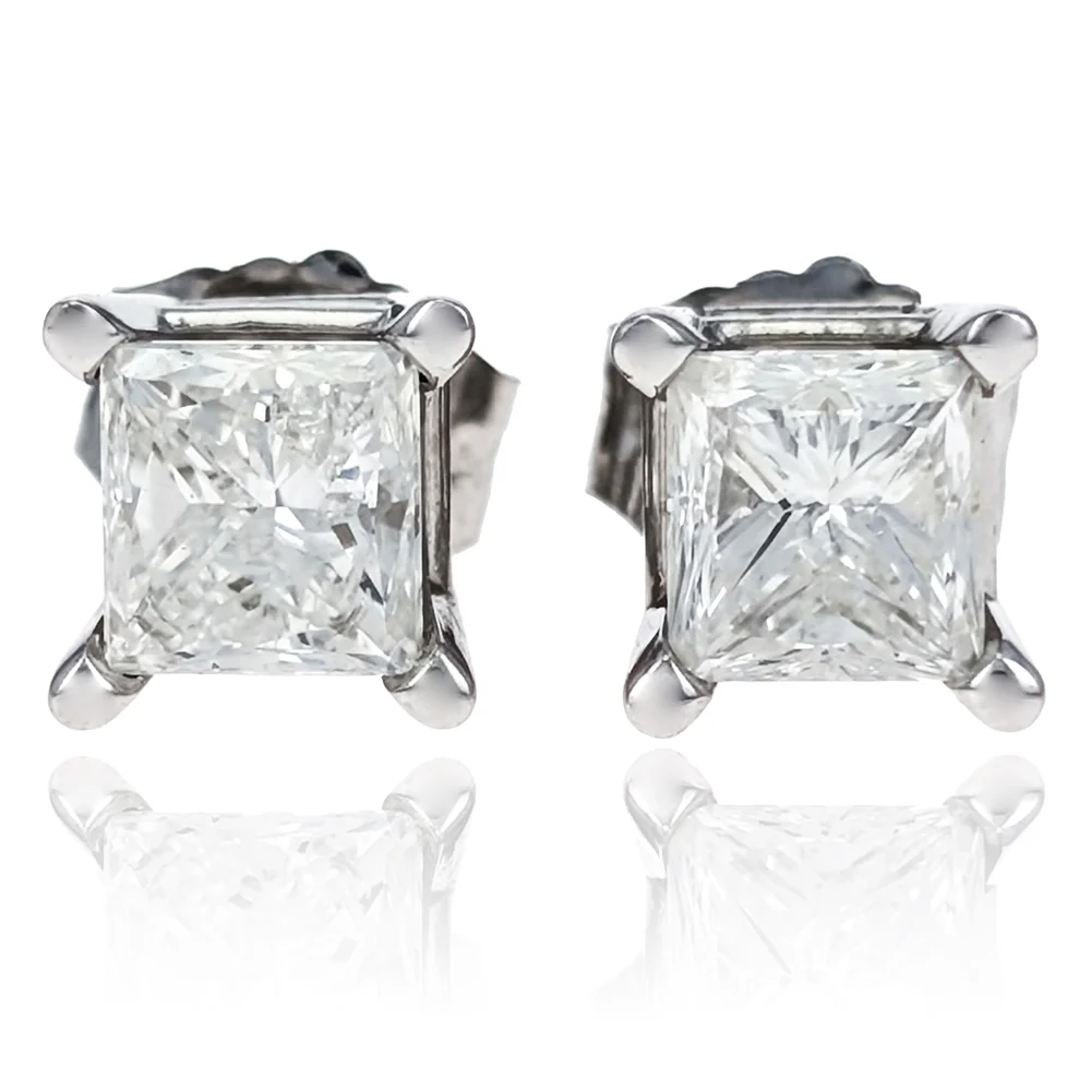14K White Gold Prong Set Princess Cut Diamond Stud Earrings