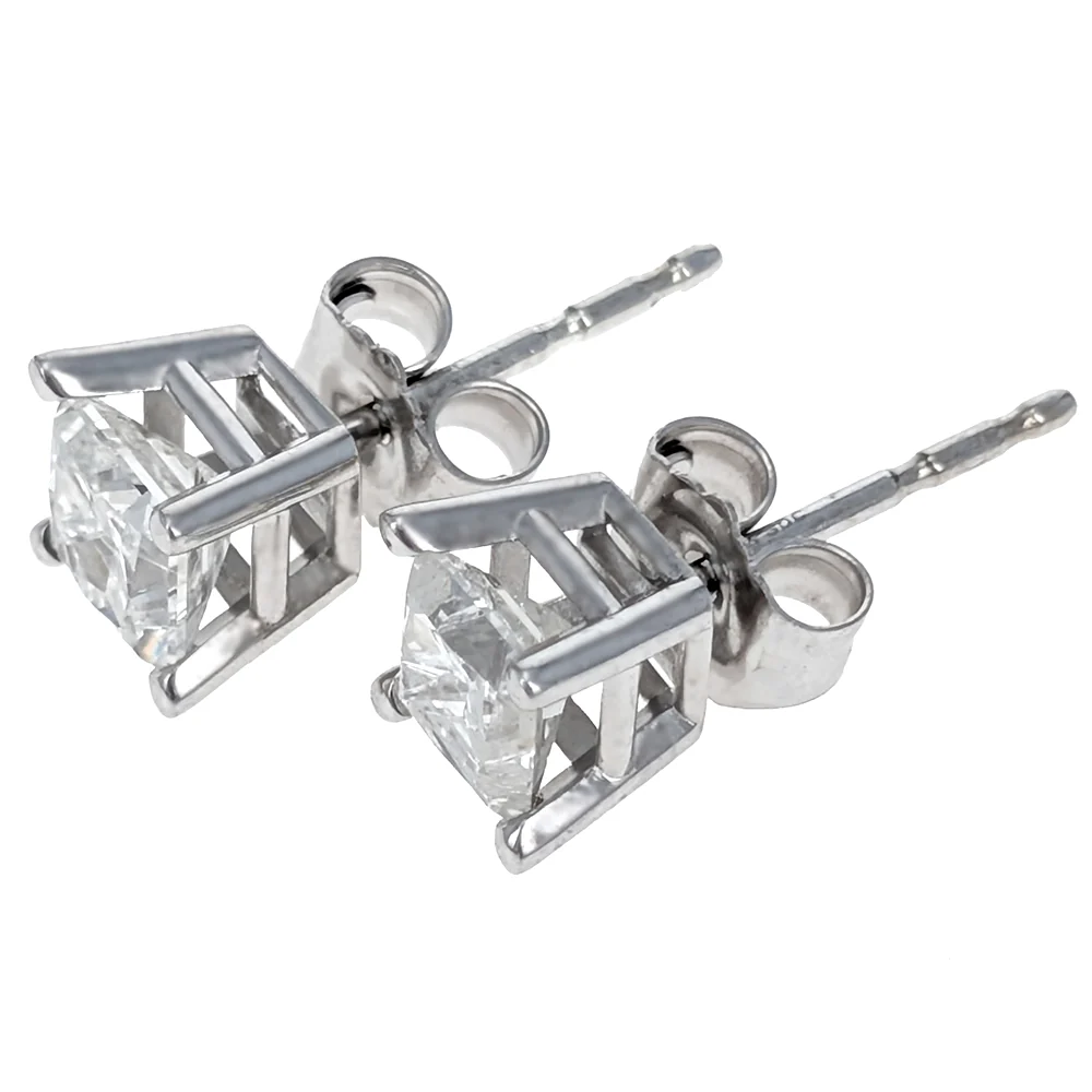 14K White Gold Prong Set Princess Cut Diamond Stud Earrings - Image 2