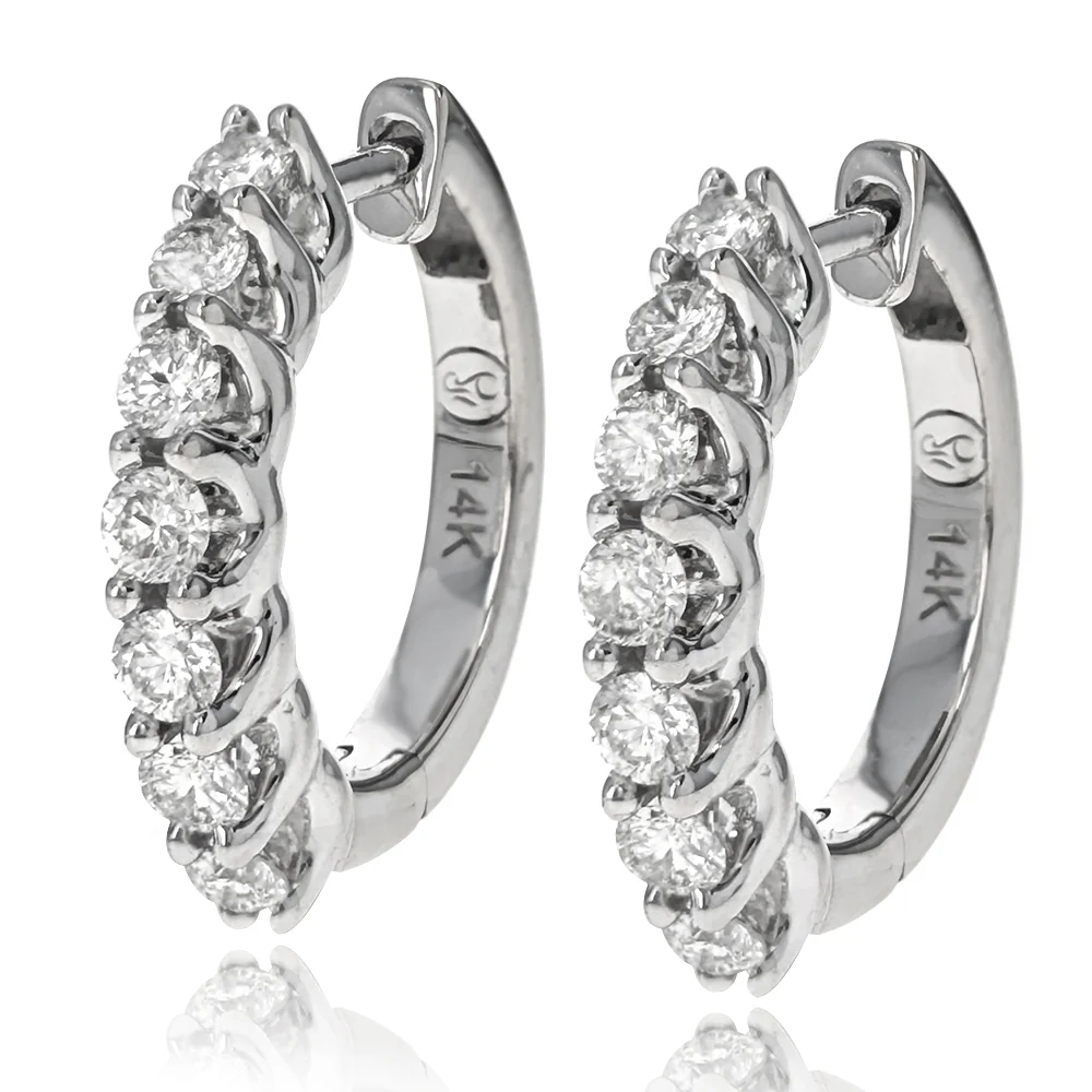14K White Gold Prong Set Round Diamond Huggie Earrings