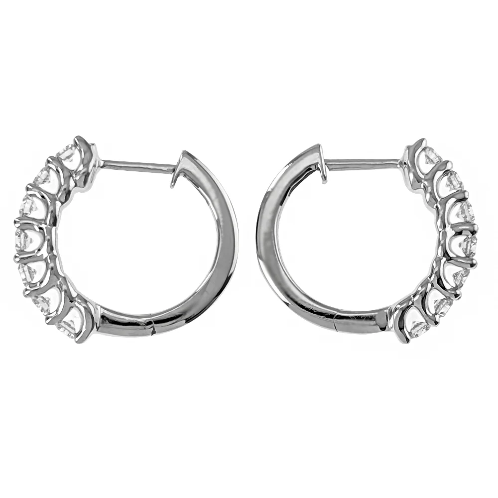 14K White Gold Prong Set Round Diamond Huggie Earrings - Image 2