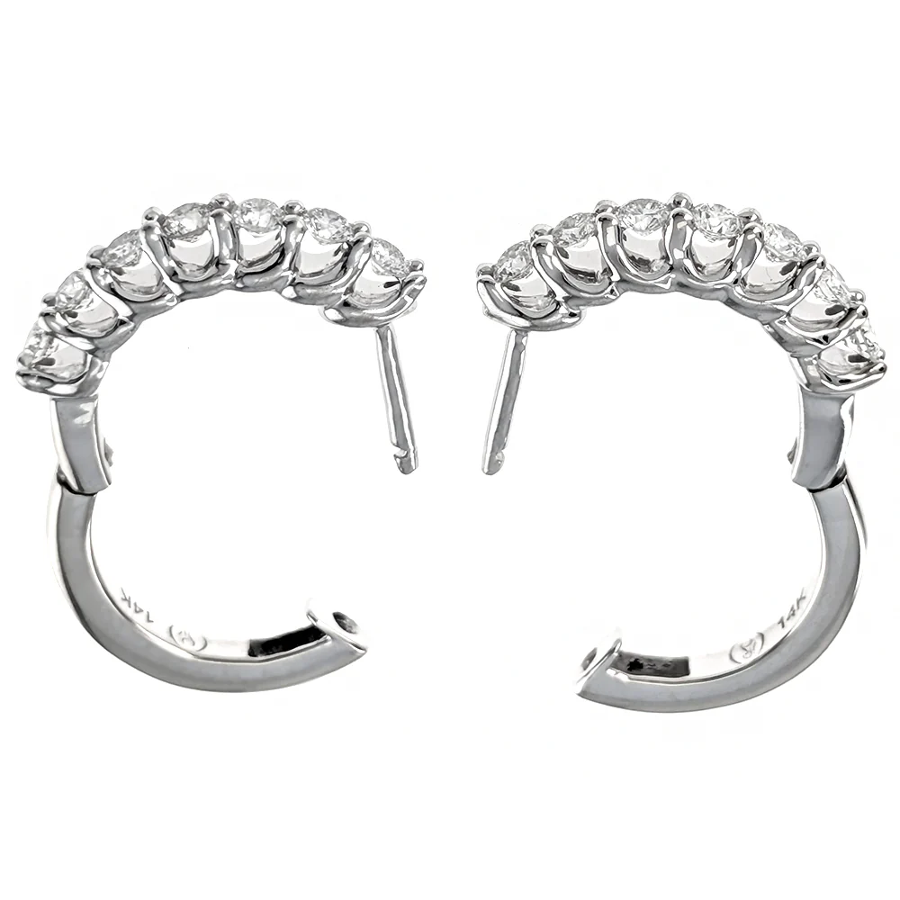 14K White Gold Prong Set Round Diamond Huggie Earrings - Image 3