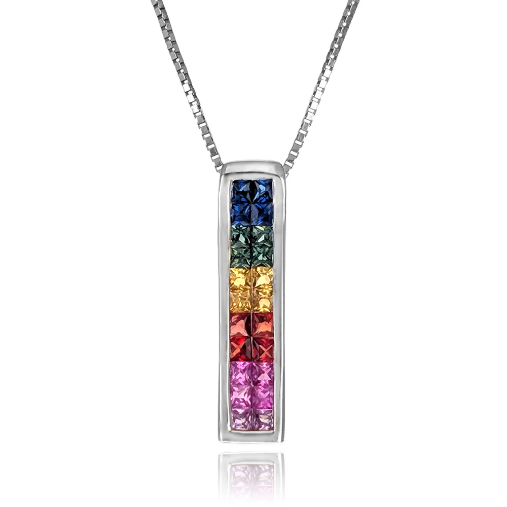 14K White Gold Rainbow Sapphire Wave Pendant Necklace