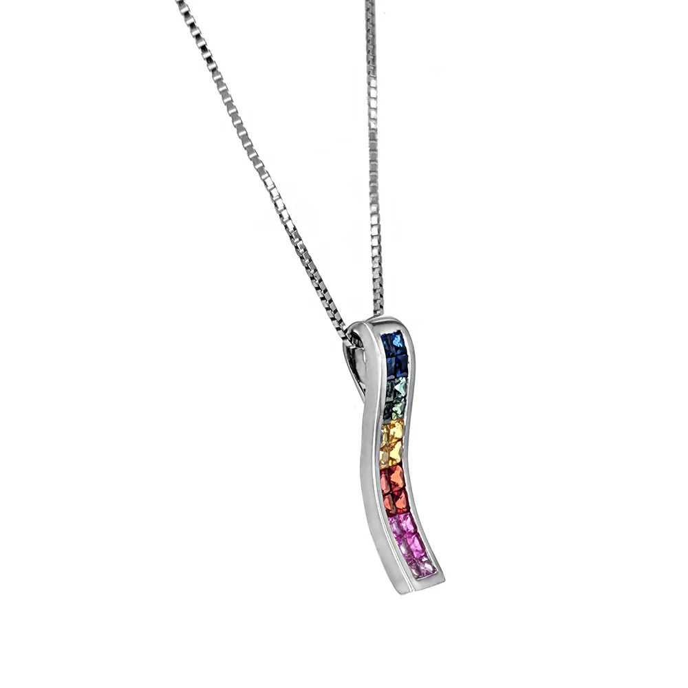 14K White Gold Rainbow Sapphire Wave Pendant Necklace - Image 2