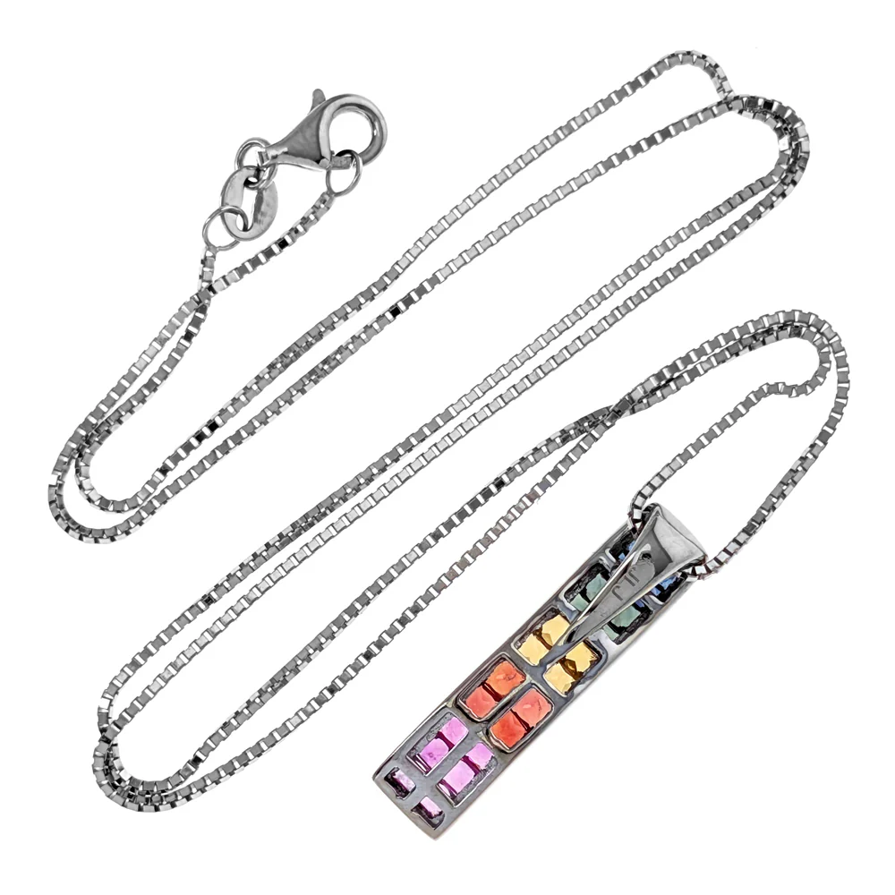 14K White Gold Rainbow Sapphire Wave Pendant Necklace - Image 3