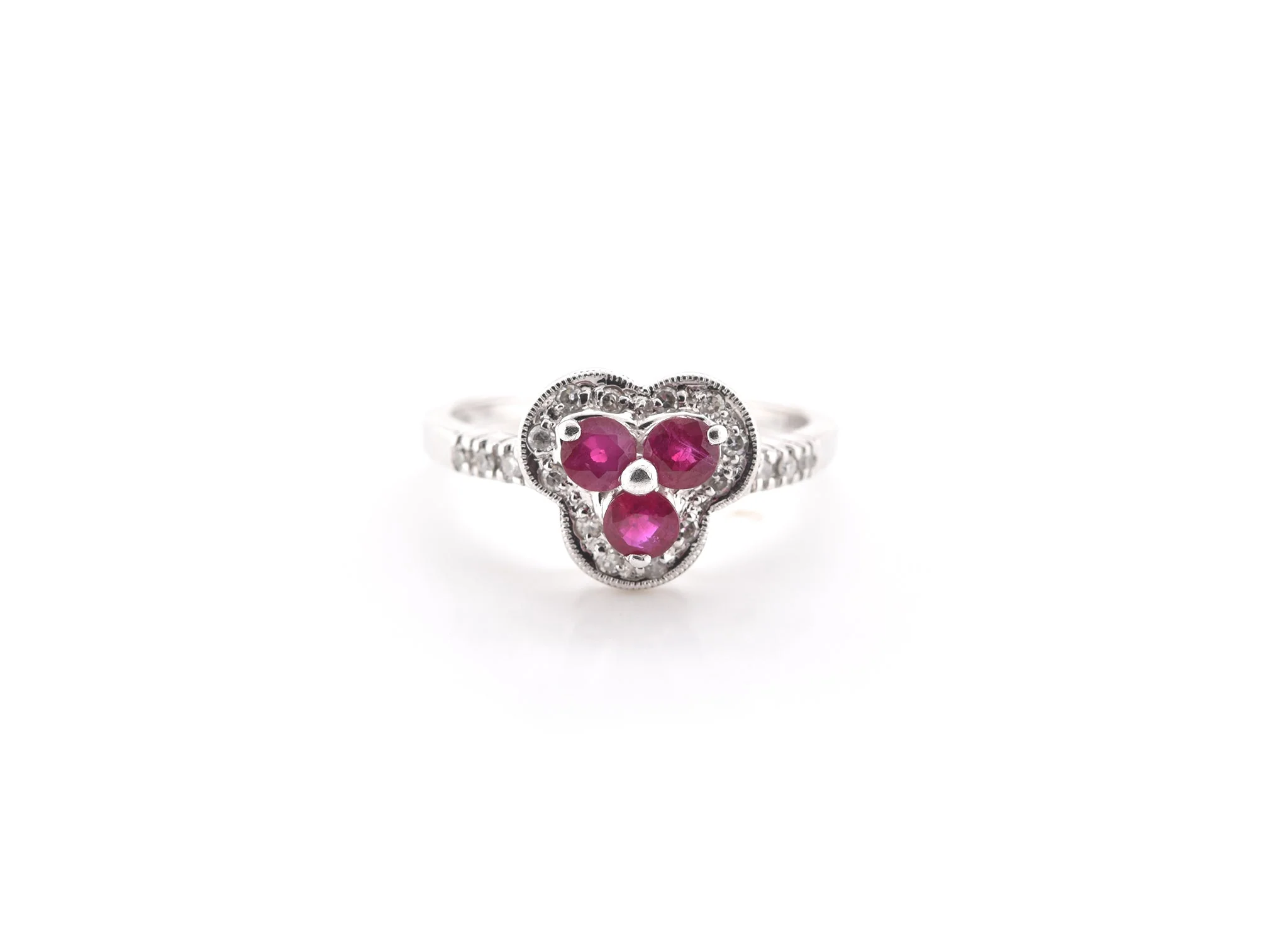 14k White Gold Ruby Trio and Diamond Ring