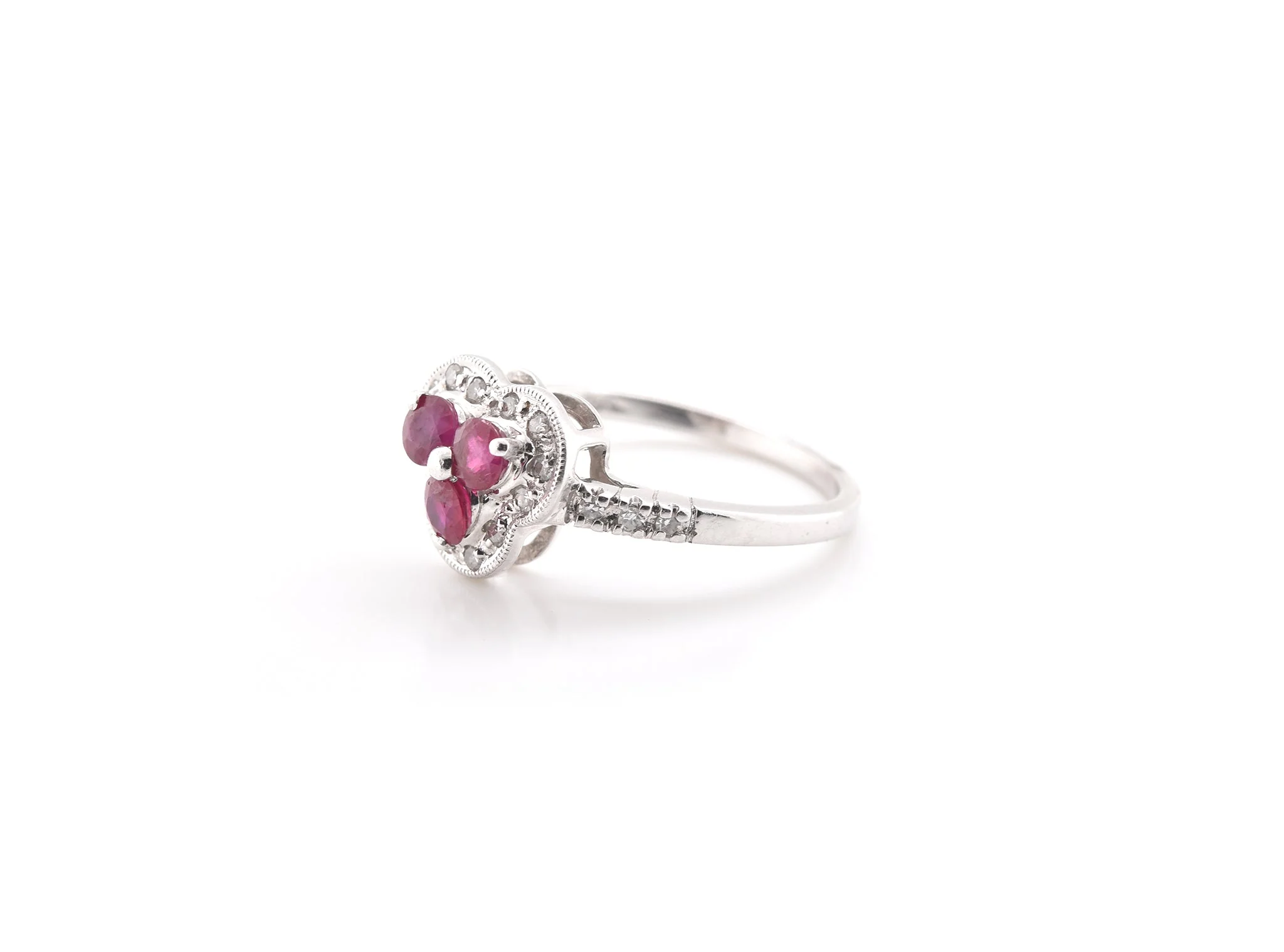 14k White Gold Ruby Trio and Diamond Ring - Image 2