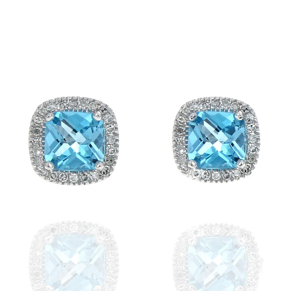 14K White Gold Swiss Blue Topaz and Diamond Halo Stud Earrings