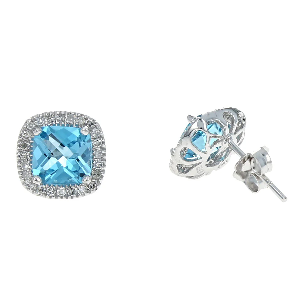 14K White Gold Swiss Blue Topaz and Diamond Halo Stud Earrings - Image 2