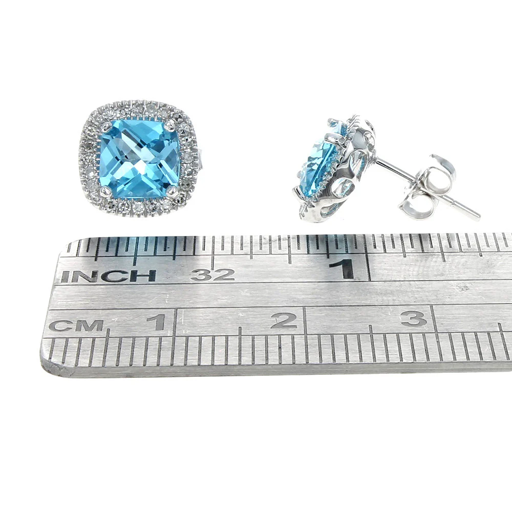 14K White Gold Swiss Blue Topaz and Diamond Halo Stud Earrings - Image 3