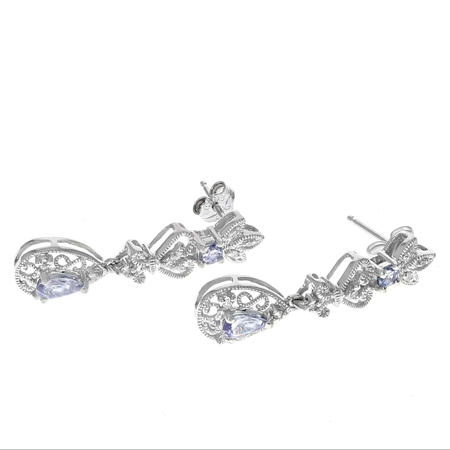 14K White Gold Tanzanite and Diamond Drop Earrings - Image 2