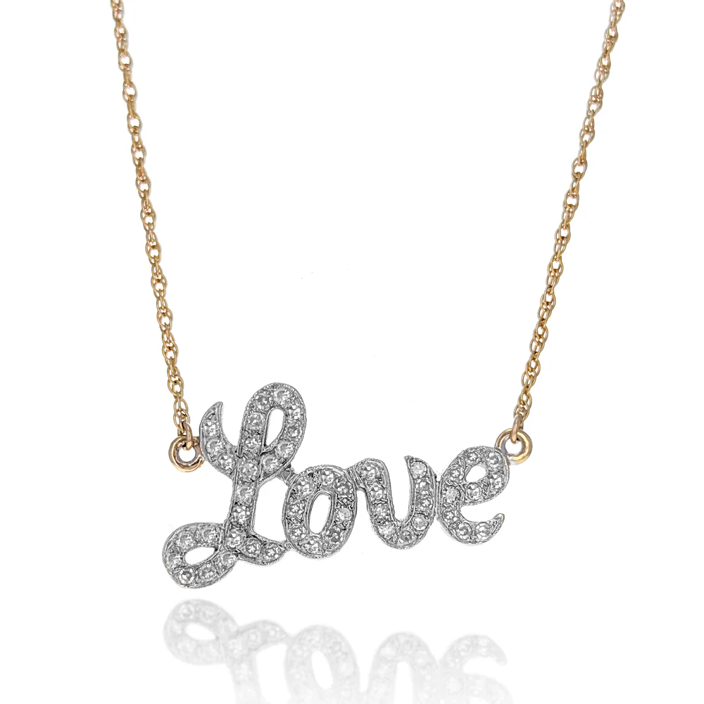 14K White & Yellow Gold Diamond Milgrain LOVE Necklace