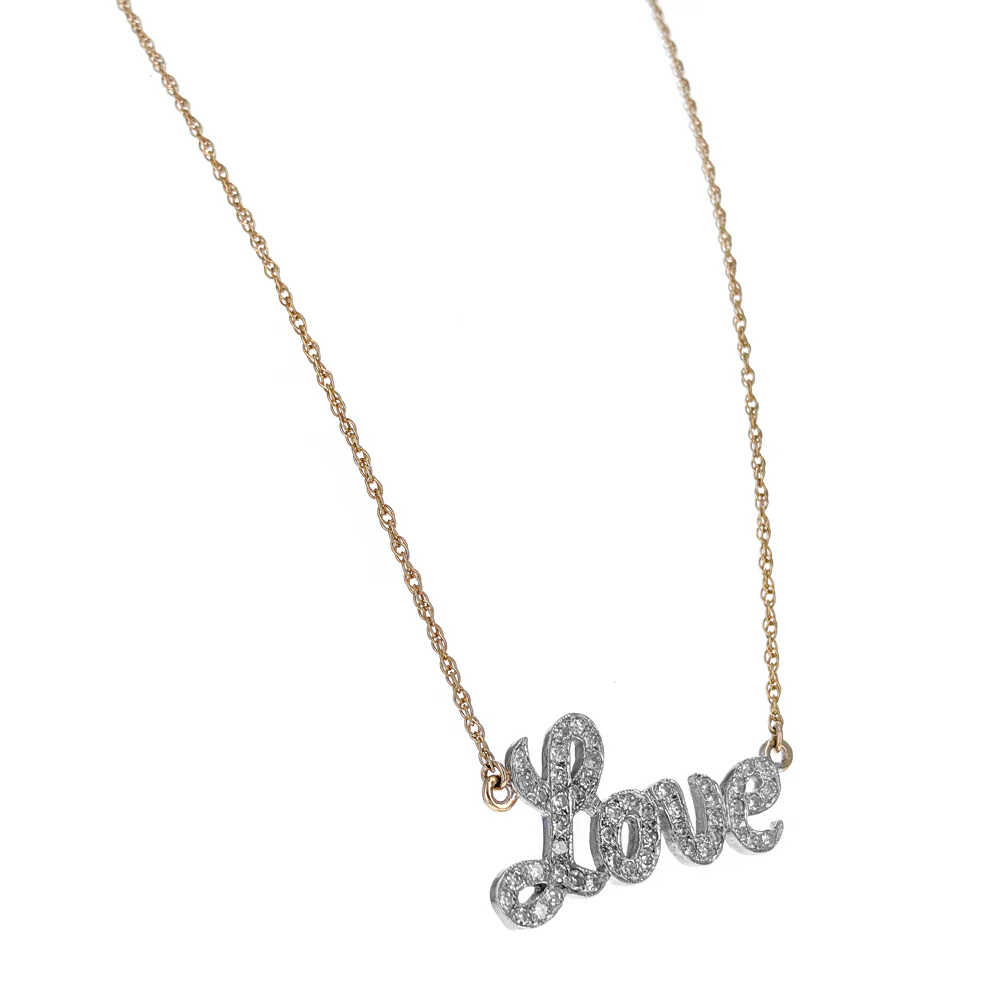 14K White & Yellow Gold Diamond Milgrain LOVE Necklace - Image 2