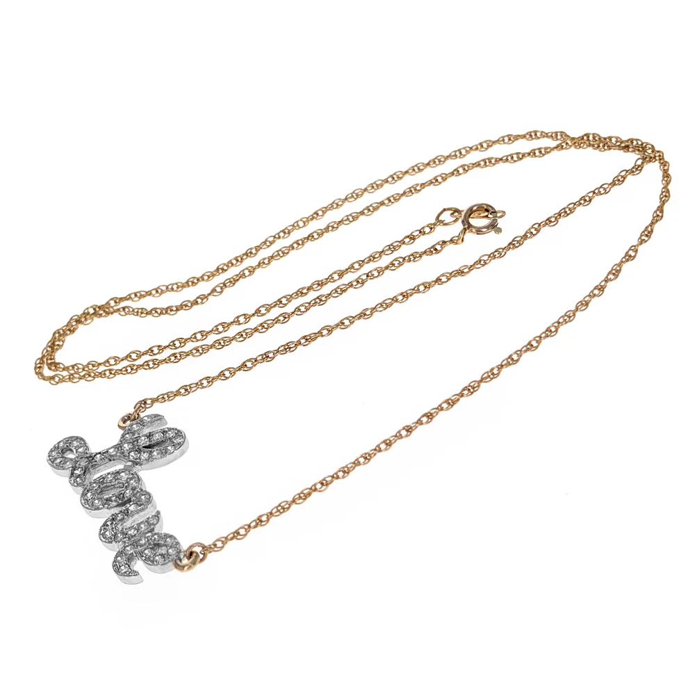 14K White & Yellow Gold Diamond Milgrain LOVE Necklace - Image 3