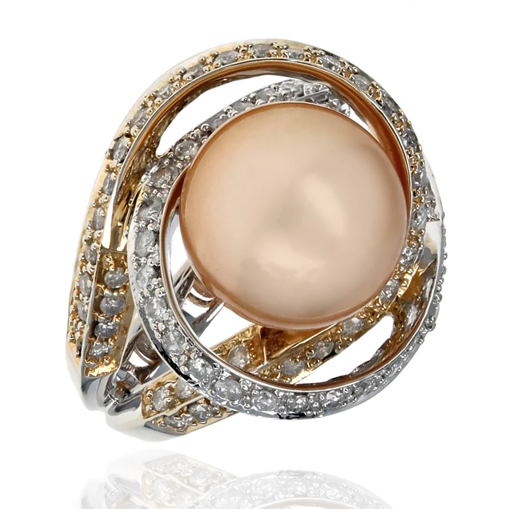 14K Yellow and White Gold Golden South Sea Pearl & Diamond Crossover Ring