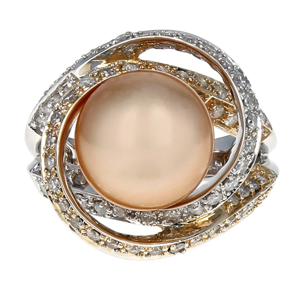 14K Yellow and White Gold Golden South Sea Pearl & Diamond Crossover Ring - Image 2