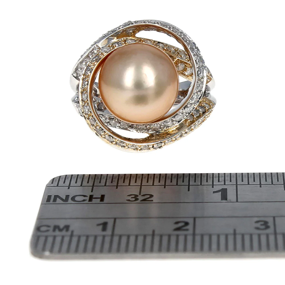 14K Yellow and White Gold Golden South Sea Pearl & Diamond Crossover Ring - Image 3