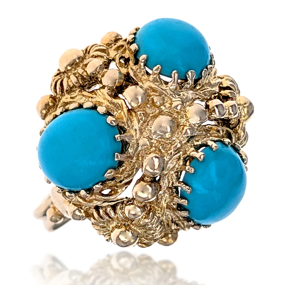 14K Yellow Gold 3 Stone Turquoise Cabochon Vintage Ring