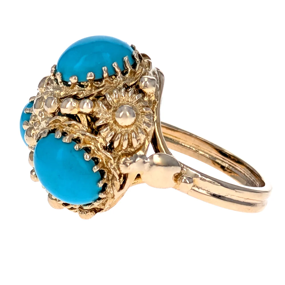 14K Yellow Gold 3 Stone Turquoise Cabochon Vintage Ring - Image 2