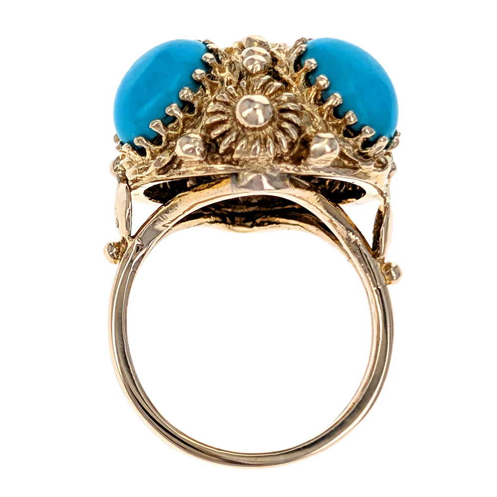 14K Yellow Gold 3 Stone Turquoise Cabochon Vintage Ring - Image 3