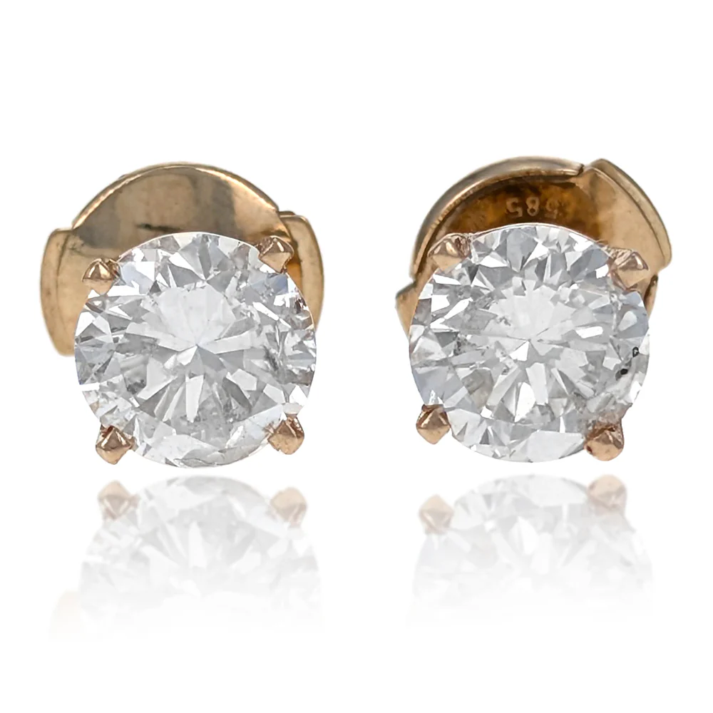 14K Yellow Gold 4-Prong Set Round Brilliant Cut Diamond Stud Earrings