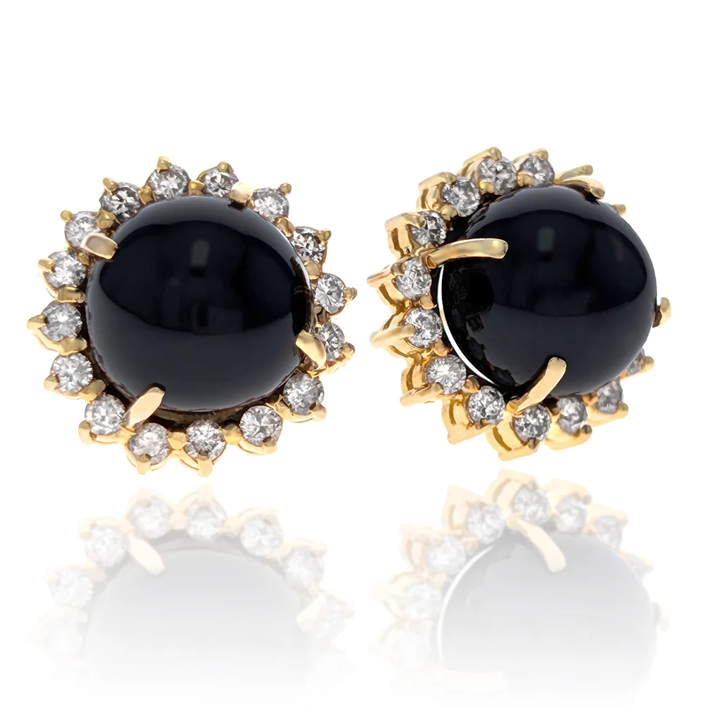 14K Yellow Gold Black Onyx & Diamond Halo Earrings