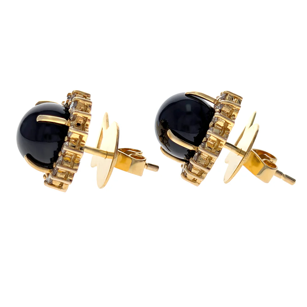 14K Yellow Gold Black Onyx & Diamond Halo Earrings - Image 2