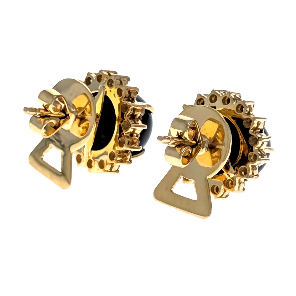 14K Yellow Gold Black Onyx & Diamond Halo Earrings - Image 3