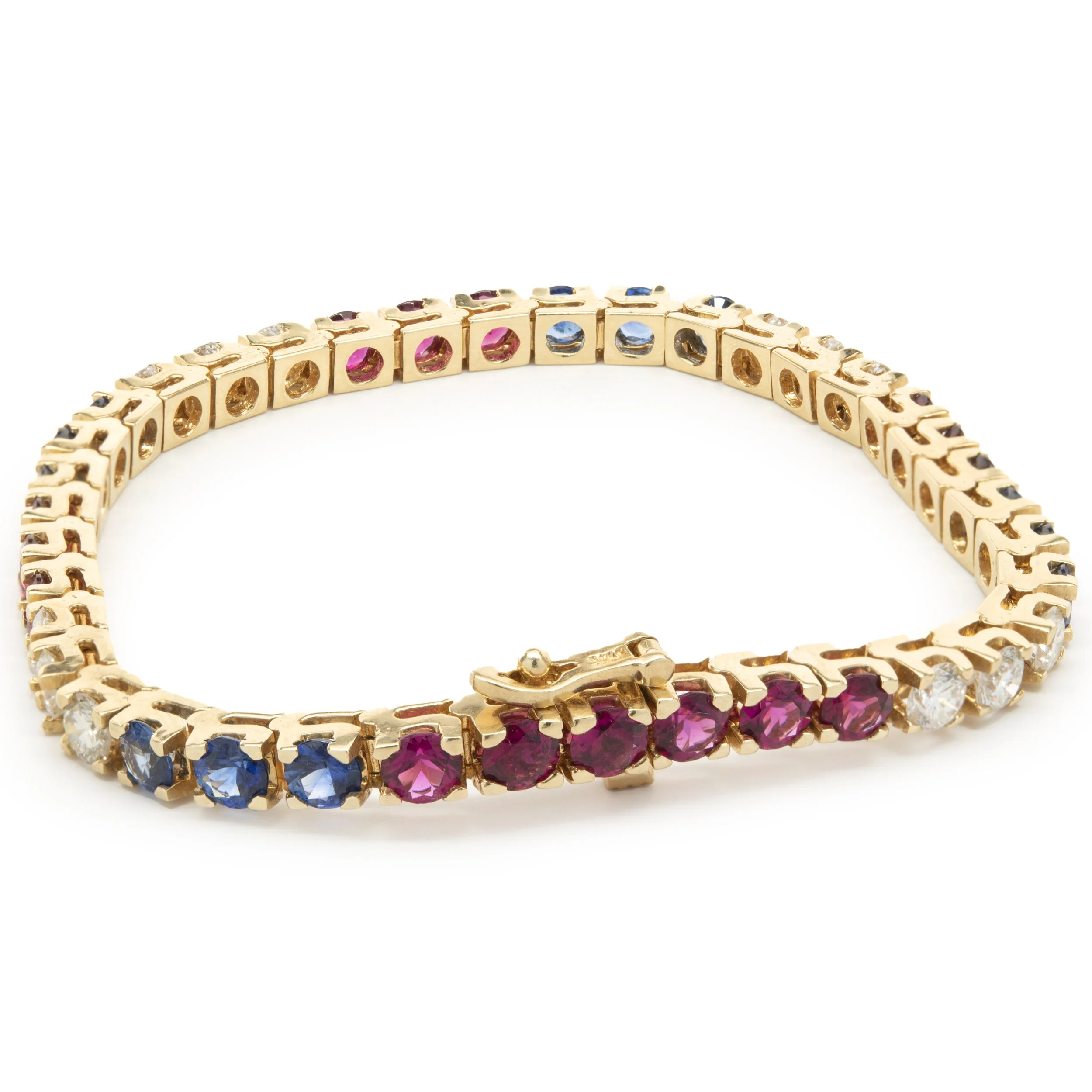 14k Yellow Gold Diamond, Ruby, and Sapphire Tennis Bracelet - Image 2