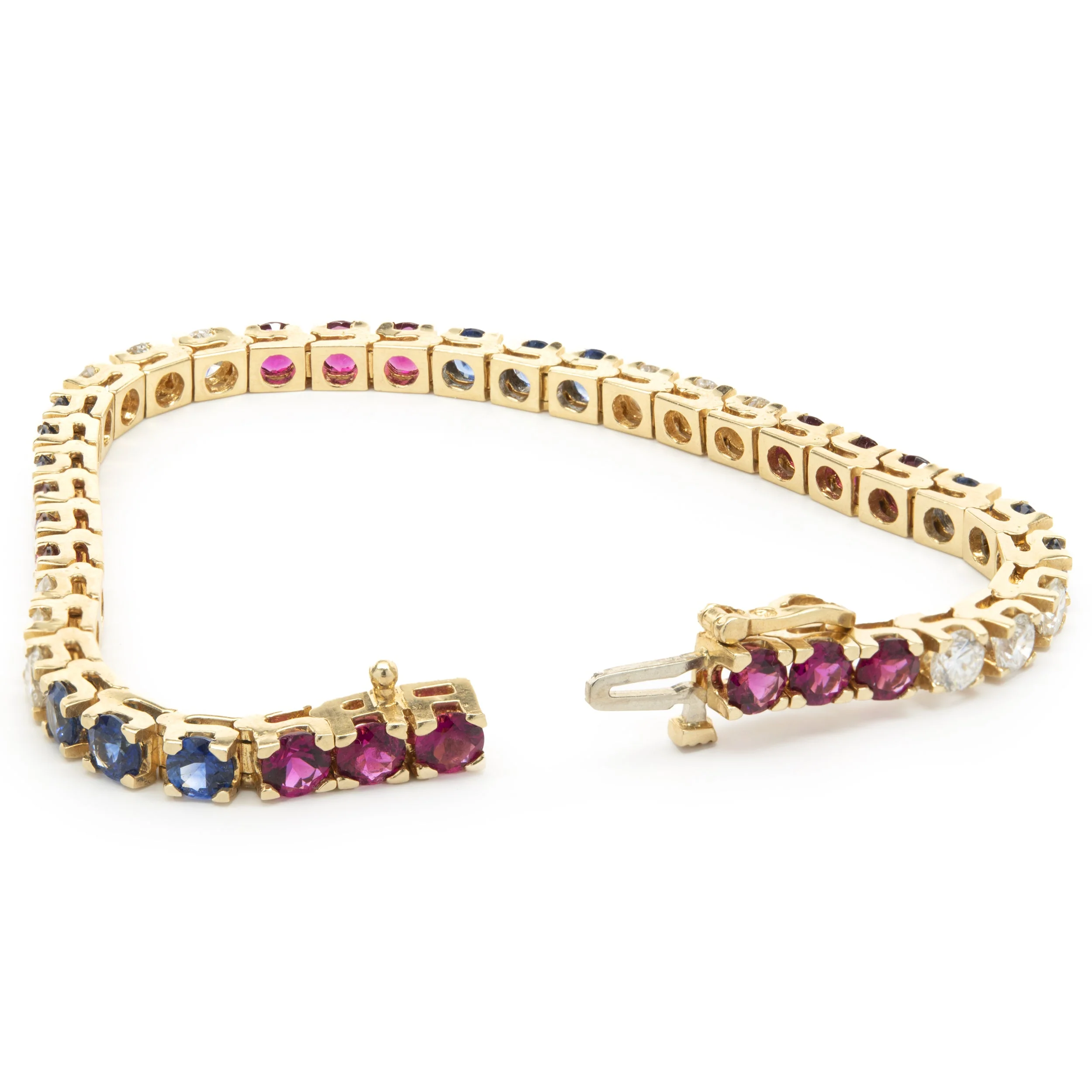 14k Yellow Gold Diamond, Ruby, and Sapphire Tennis Bracelet - Image 3