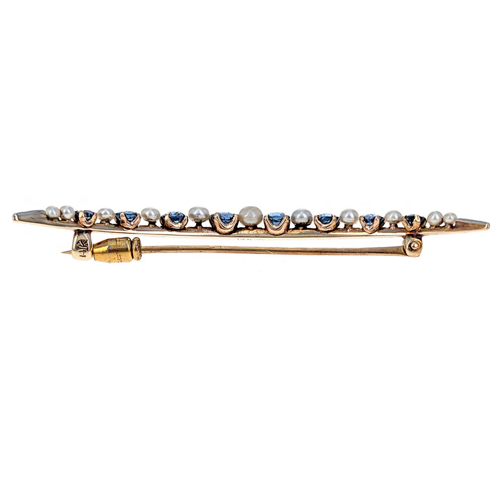 14K Yellow and White Gold Edwardian Blue Sapphire and Pearl Crescent Moon Pin - Image 3
