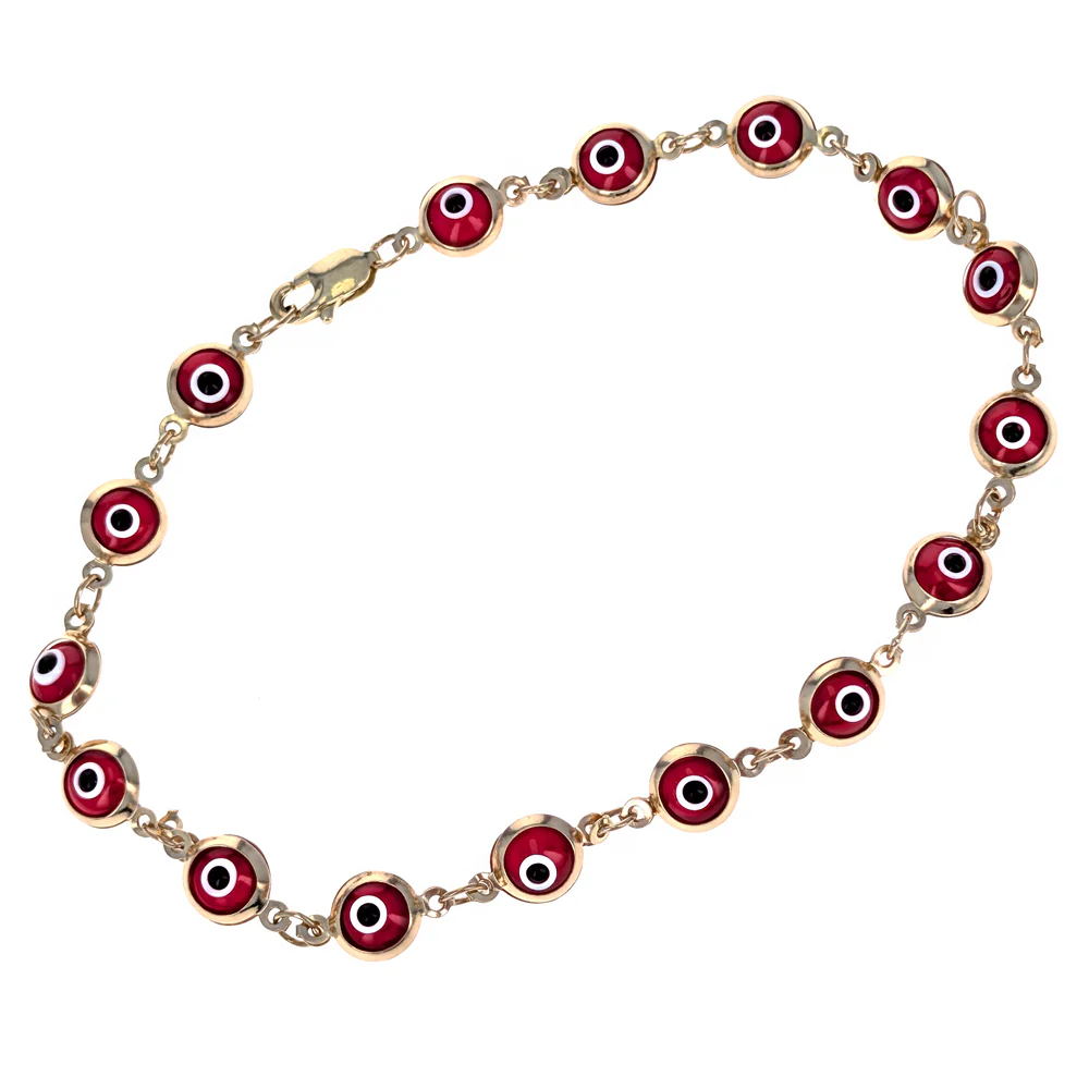 14K Yellow Gold Red Evil Eye Charms Bracelet